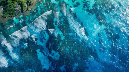 An aerial view of a vast body of fluid, with wind waves creating a pattern on the electric blue water, along with underwater reefs supporting marine biology 