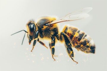 Honey bee flying and spreading golden pollen on white background