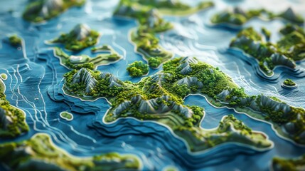 Detailed 3D topographic map with mountains, plains and bodies of water, ideal for weather forecast apps or sites or for geolocation apps and sites