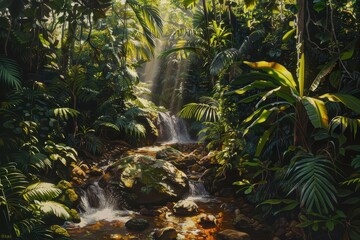 Fototapeta premium Sunbeams Illuminating a Lush Rainforest Stream