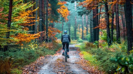 Fototapeta premium Cyclist riding through autumn forest.
