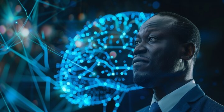 African businessman and digital brain icon and connection circuit, AI hologram, Generative AI