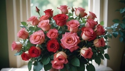 Obraz premium A vibrant arrangement of red and pink roses