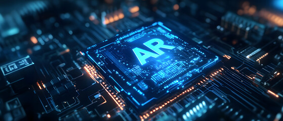 A Glowing Blue Hologram of an AR Chip with the Word 