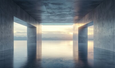3d render of abstract futuristic glass architecture with empty concrete floor, Generative AI