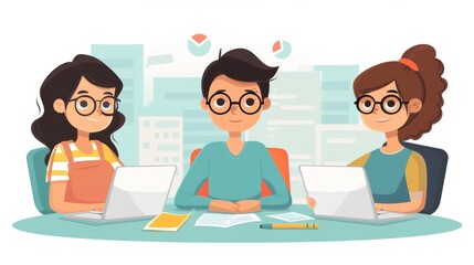 Cartoon vector accounting team collaborating on a project with laptops and papers