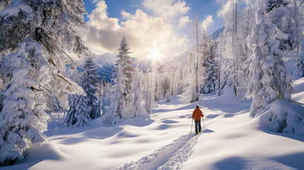 A snowshoe hiker explores a pristine snowy forest where every step leaves a mark in the fresh white powder.