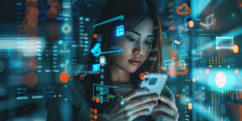 Young woman working with phone, biometric scanning and digital security, Generative AI