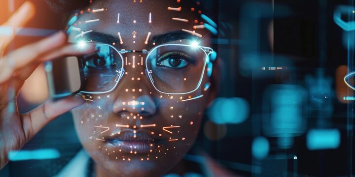 Young woman working with phone, biometric scanning and digital security, Generative AI