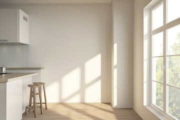 Light kitchen interior with bar countertop and cooking area, window. Empty wall, Generative AI