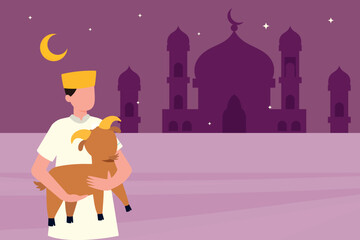 The boy is holding a goat in his hand.