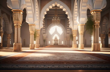 Majestic mosque interior with golden lighting