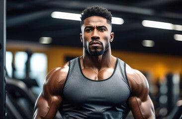 Obraz premium black sportsman showcasing powerful build in gym, focusing on exercise and muscle development