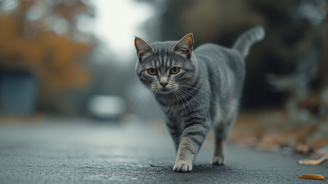 A gray cat found on the road is wandering in search of its owner or a place where it could find shelter.