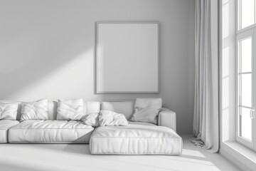 White living room interior with sofa and blank wall, Generative AI