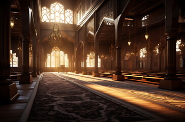 Naklejka premium Majestic mosque interior with golden lighting