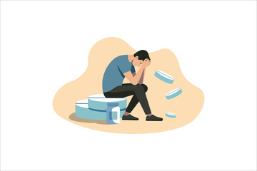 Depressed man sitting on big pill, leaning on his hands, having financial troubles during quarantine or suffering from loneliness, vector, illustration