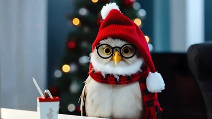 Cute bird wearing glasses and Christmas costume sitting in the office, fun surprise concept. Creative minimal background.