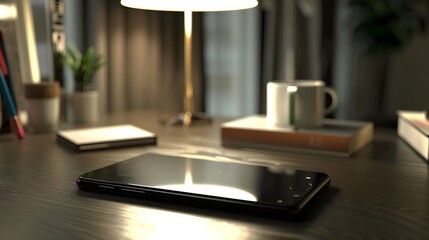 Smartphone on a Wooden Desk in a Cozy Home Office