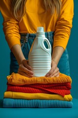 Fototapeta premium editorial studio light shot of a white laundry detergent bottle, next to it there's hands of a woman placing a folded shirt on folded colorful clothes, magazine style, minimal blue background 
