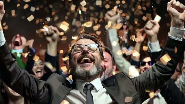 Successful businessman celebrating a major achievement with colleagues, radiating pride and confidence.