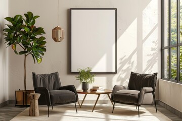 Stylish living room interior with armchairs and art decoration, mockup frame, Generative AI