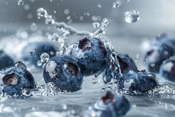 Dynamic close-up of fresh blueberries with water splashing around them, emphasizing their freshness and vibrant color.