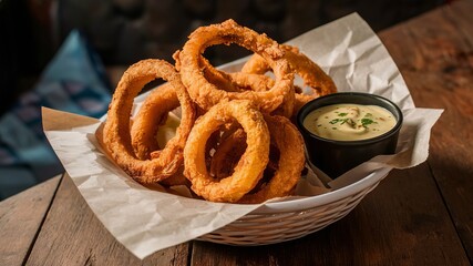 A basket of crunchy onion rings, perfectly fried to a golden brown, served with a side of spicy aioli., 