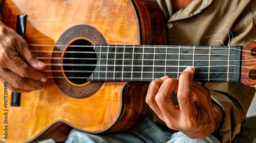 Wall mural Closeup of Hands Playing Acoustic Guitar.