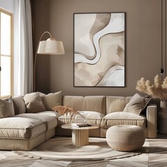 Poster in the modern panoramic designed living room interior, beige, Generative AI