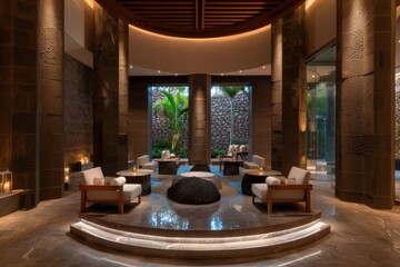 A comfortable spa lounge offers mud therapy and a manicure, combining relaxation and beauty treatments.