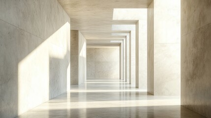 Fototapeta premium Abstract of architecture space with rhythm of concrete block with sun light cast shadow on the wall. Cement texture. 3D rendering, Generative AI