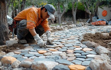 Construction Worker Laying Stone Path in Garden