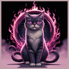 The flames cast a subtle purple-pink halo over the cat, enhancing its commanding presence. The overall style is animated, capturing a sense of boldness and swagger rather than cuteness