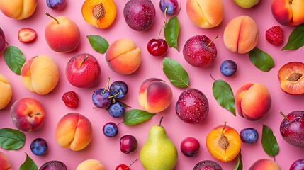 Seasonal Fruit Patterns Pattern featuring seasonal fruits like peaches, plums, and pears, capturing seasonal variety and natural sweetness in design
