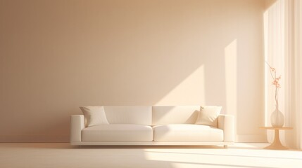 Modern minimalistic living room interior with peach color sofa and empty wall. Neural network ai generated art