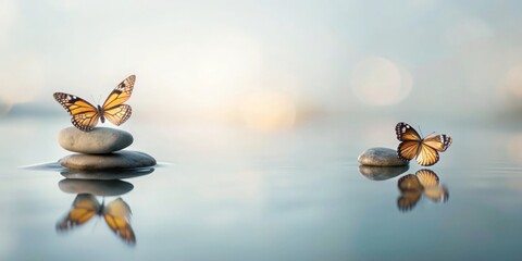 "Meditative Stones and Butterflies on a Reflective Surface" - Stones and butterflies arranged on a reflective surface, creating a serene visual effect.
