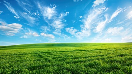 Fototapeta premium Green Grass Field with Blue Sky and Clouds.
