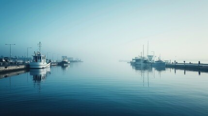 Obraz premium Boats on a foggy lake with a blue sky.