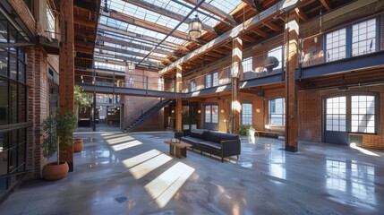 Focus on the adaptive reuse of warehouses into creative spaces, highlighting architectural transformations and design innovations