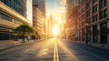 Empty City Street at Sunset.