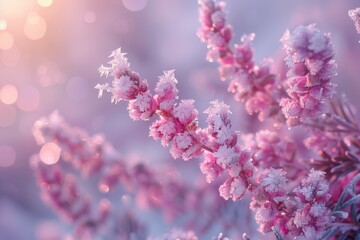 Delicate pink flowers covered in frost, creating a beautiful and serene winter scene, perfect for nature lovers and seasonal themes.