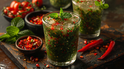 Chilled mint margrita with chillis in glass on brown board