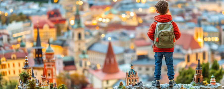 A young boy stands on a hill overlooking a city with a backpack on. Concept of adventure and exploration, as the boy is ready to embark on a journey through the city