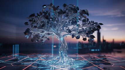 Cybernetic tree in a futuristic cityscape at dusk