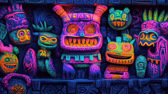 Aztec style artwork in vibrant neon colors, featuring whimsical doodle monsters with exaggerated features. Intricate stonework with traditional patterns, glowing neon hues, and playful modernity. 