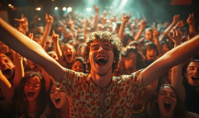Front row of a concert with a group of excited music fans looking into the camera singing and dancing, Generative AI