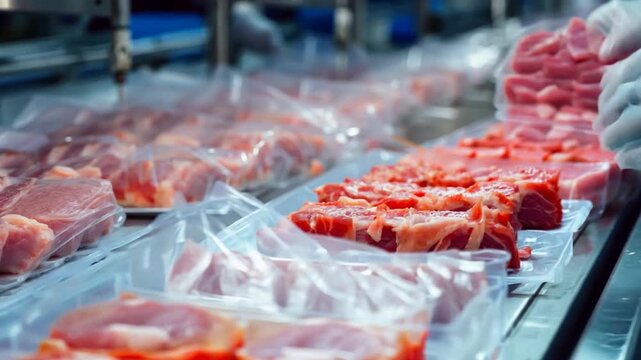 Meat factory worker pack the meat into the plastic foil on the machine at food factory.