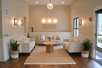 A harmonious healing center features soothing colors and decor to create an environment of ease and health.