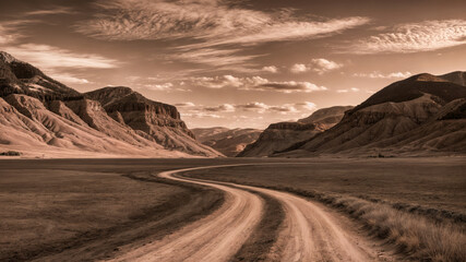 Dirt road in the steppe at sunset. Toned.